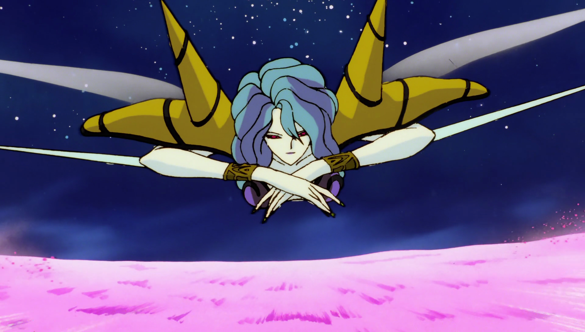 Campanula, a Flower Youma from the Sailor Moon R movie. Her upper body is very similar to the Dahlian: pale green skin and long blue hair, but her top is black and purple this time, and the shoulder guards have large spikes. She also has insect-like wings and blades coming out of her elbows. You can’t really see her lower body here, since she’s flying head-on at the viewer, but her lower half is pretty much human, unlike the other Flower Youma.